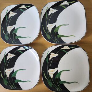 4 SANGO Quadrille Black Lilies Salad Plates Dessert Dishes 5101